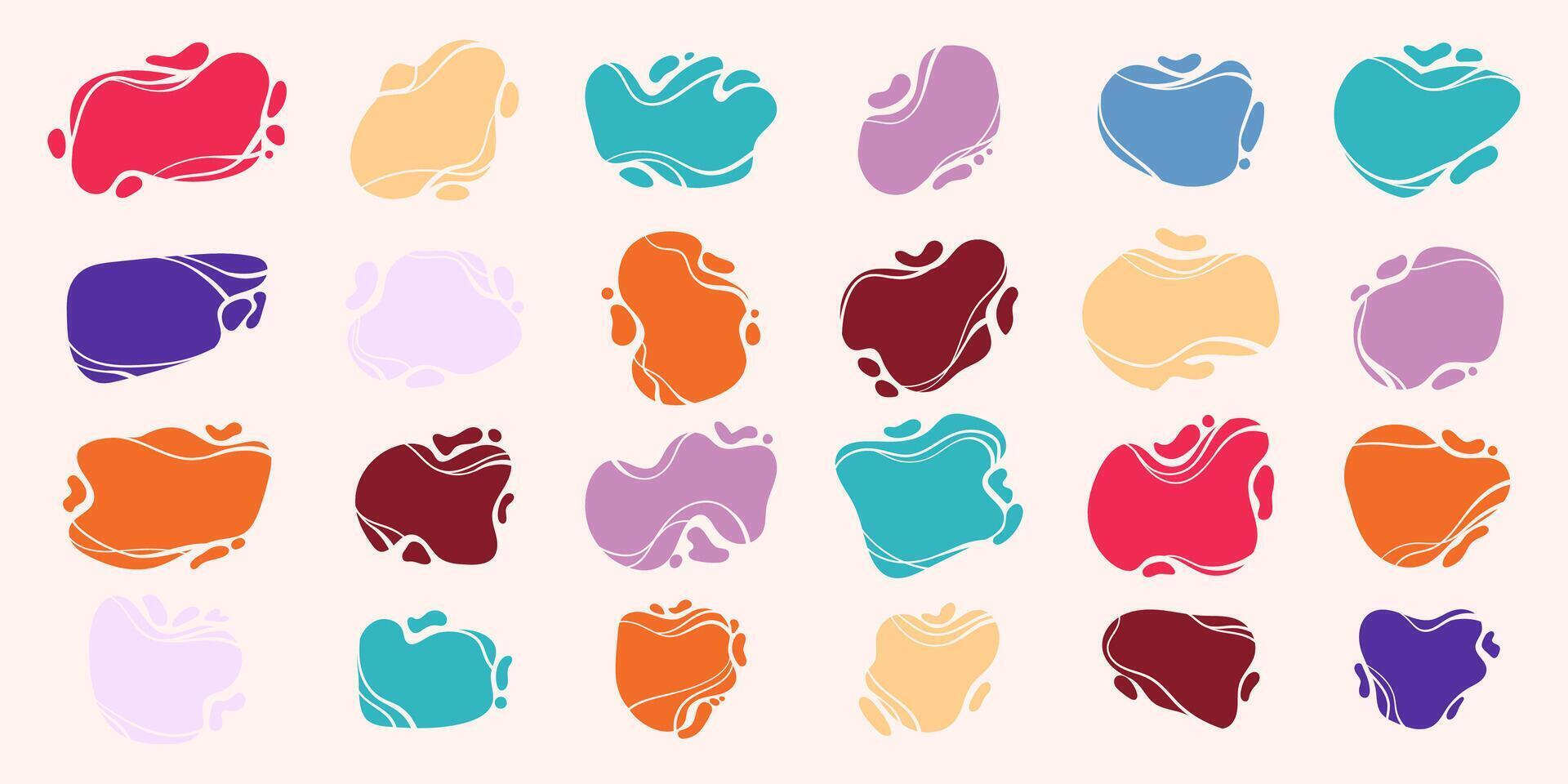 Blob Collection. Multicolored Liquid Organic Bubbles. Blots with vibrant colors in hand drawn style. Abstract and simple figures. Irregular dynamic shapes. Modern asymmetric spots. vector