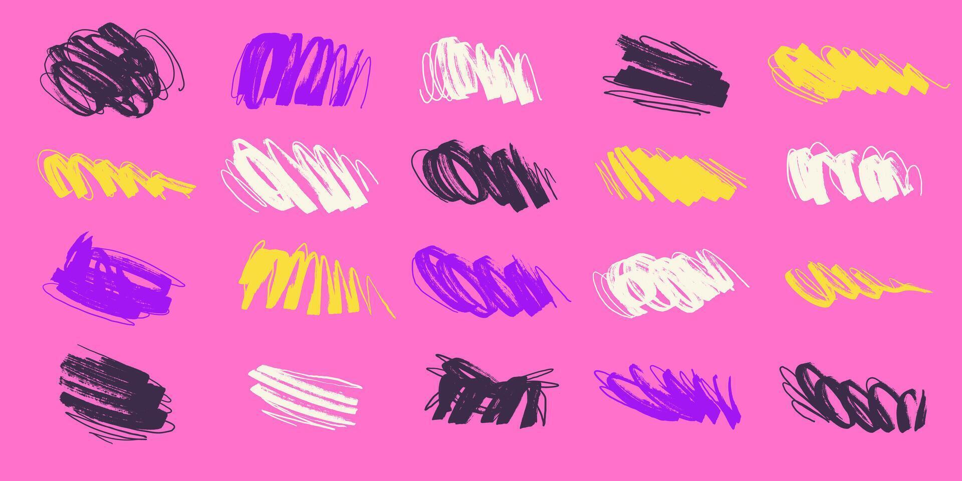 Collection of Grunge Marker Lines in Bold Colors on a Pink Background. Ideal for artistic projects, textured designs, and creative backgrounds vector