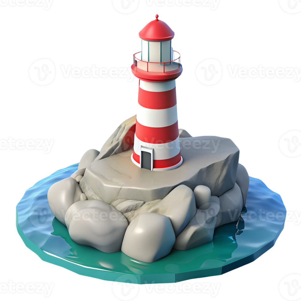 Lighthouse amidst the rocks in the ocean 3d illustration isolated png
