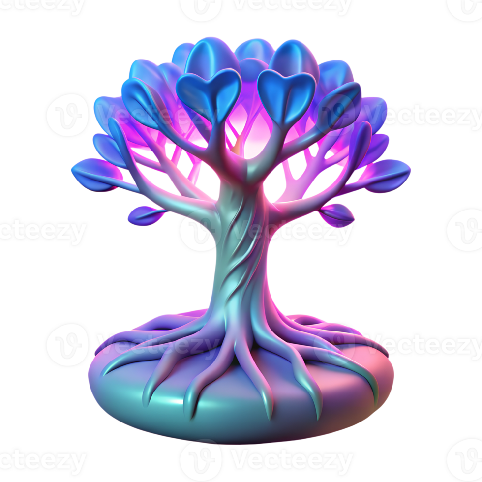 Futuristic tree with neon purple glowing and roots growing deep down 3d icon isolated on the transparent background png