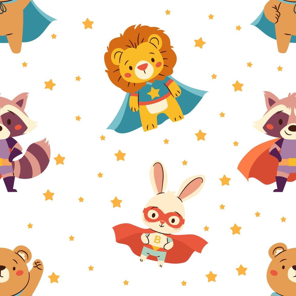 Seamless pattern in a simple childish style. Cute animals in superhero costumes, tiger lion hare raccoon bear vector