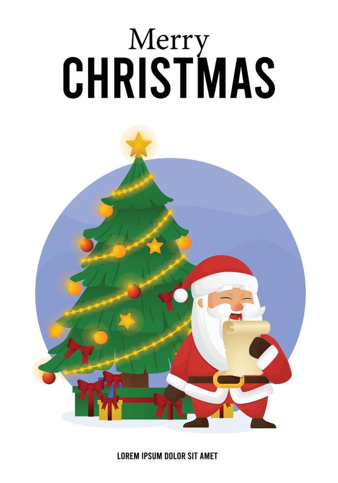 Merry Christmas and Happy new year banner poster design with illustration of Santa Claus standing in front of winter decorated shining pine tree and Gift box vector