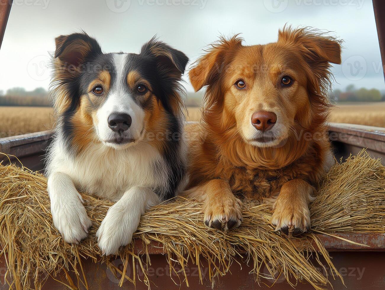 Two adorable dogs resting on hay, showcasing their unique features and expressions in serene outdoor setting. Their companionship radiates warmth and joy photo