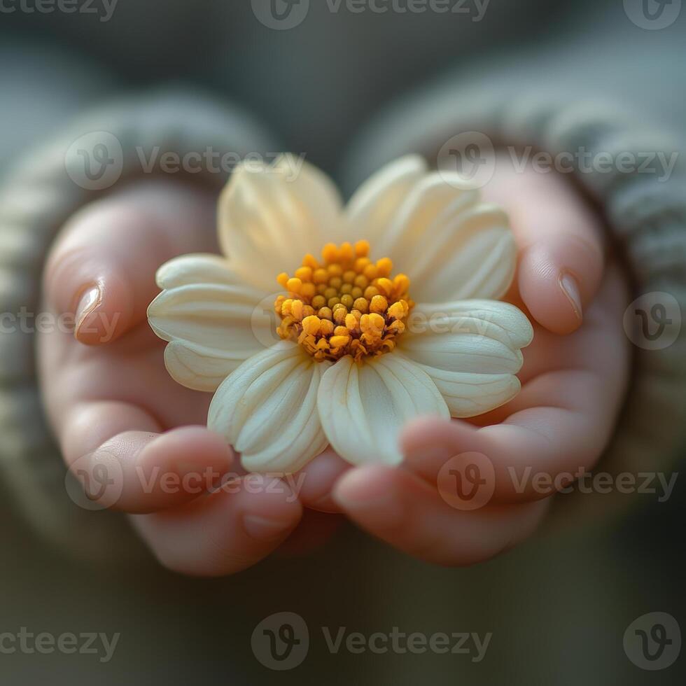 A gentle hand cradles delicate flower, showcasing beauty of nature and innocence. This image evokes sense of tenderness and connection to natural world photo