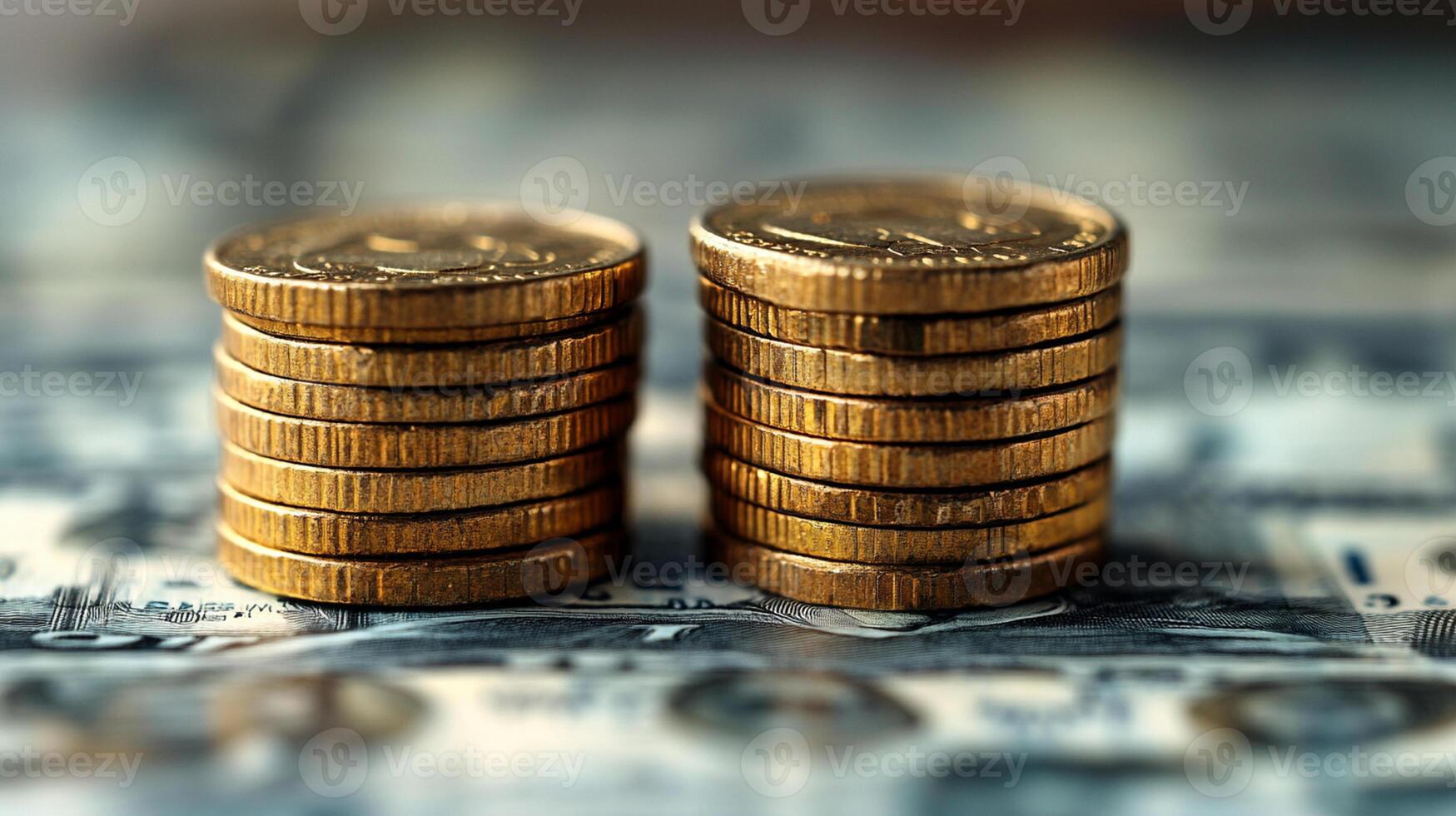 Stacks of golden coins are prominently displayed against blurred background of banknotes, symbolizing wealth and financial growth. image captures essence of investment and prosperity photo