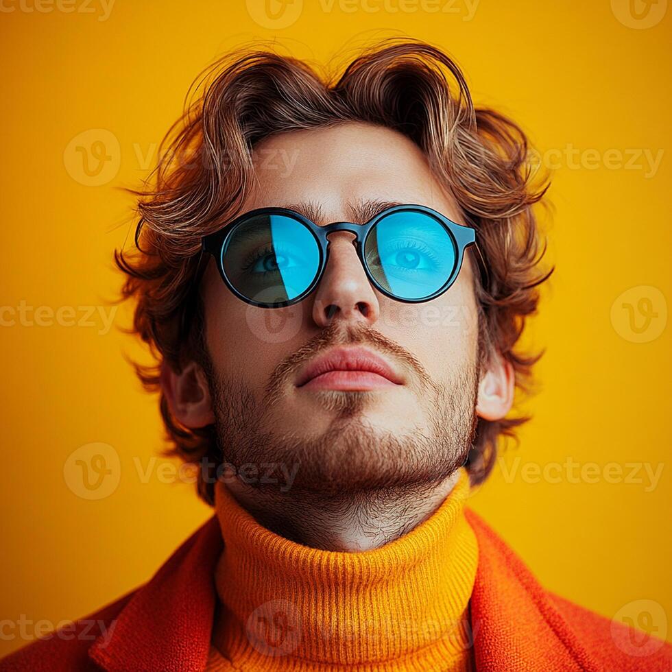 stylish young man with curly hair and blue sunglasses poses against vibrant yellow background, exuding confidence and modern fashion. His orange turtleneck adds bold touch to look photo