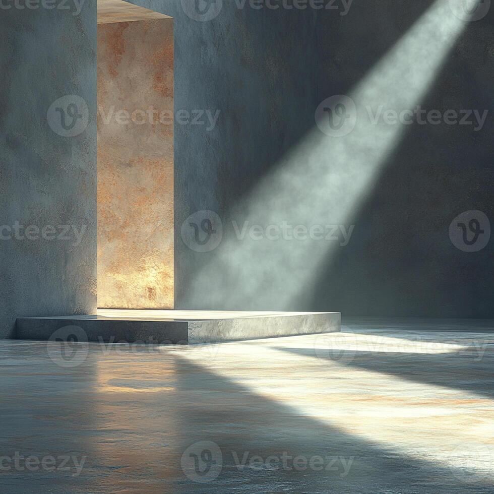 serene interior space featuring beam of light reflecting off textured wall, creating tranquil atmosphere. interplay of light and shadow enhances minimalist design photo