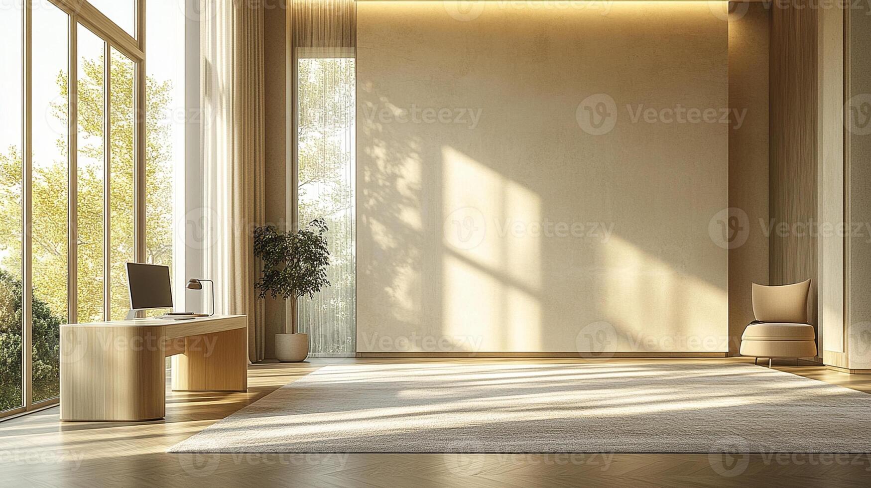 spacious, modern interior featuring light walls and clean, uncluttered design. room is illuminated by natural light, creating serene atmosphere with desk, chair, and plant photo