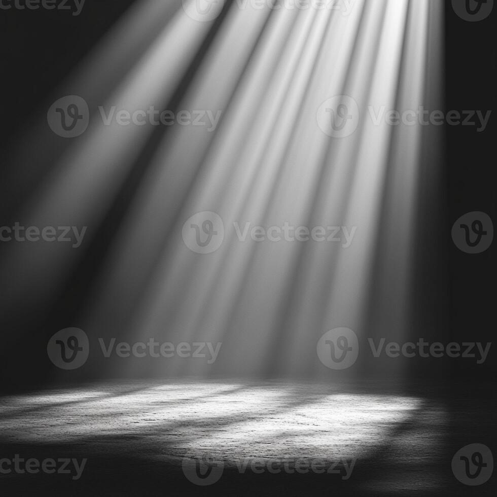 dramatic scene featuring beams of light illuminating dark space, creating captivating atmosphere. interplay of light and shadow evokes sense of mystery and depth photo