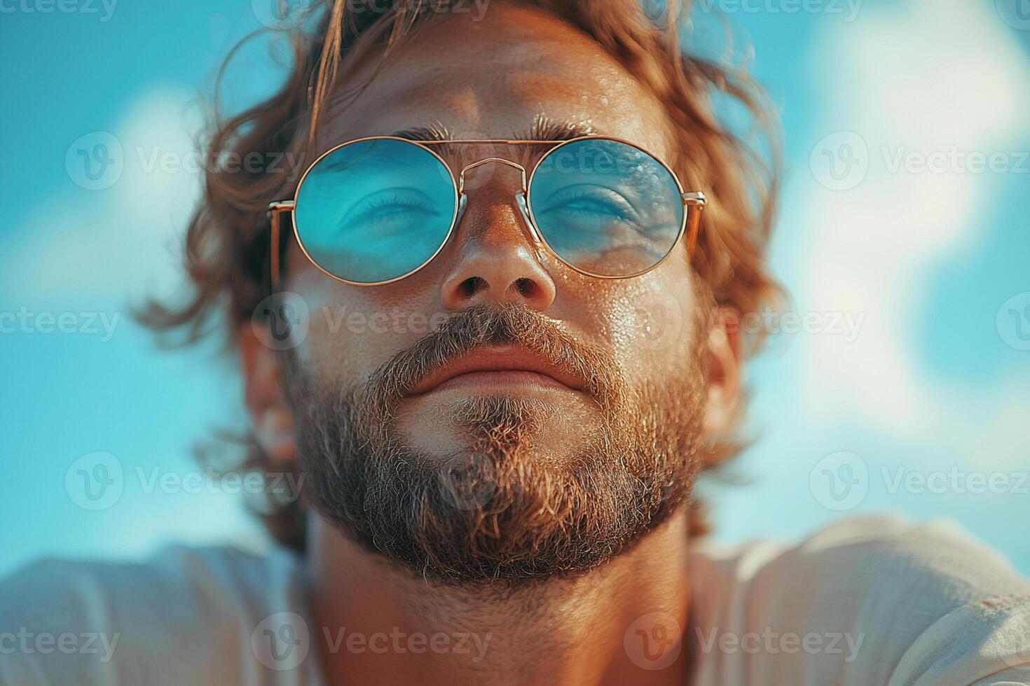 man with beard and sunglasses gazes confidently at camera against bright blue sky. His relaxed expression and stylish eyewear convey sense of coolness and tranquility photo