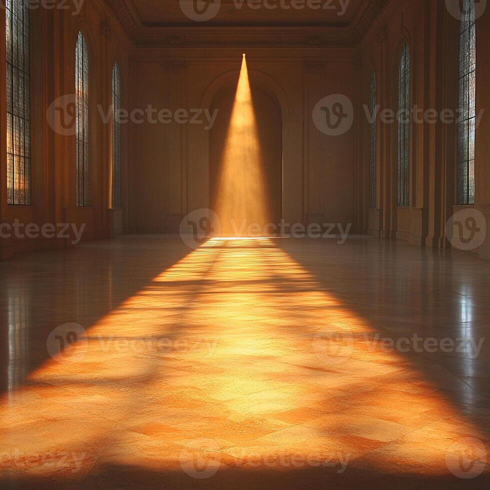 warm beam of light reflects off polished floor, creating serene atmosphere in elegant, spacious room. interplay of light and shadow enhances tranquil beauty of setting photo