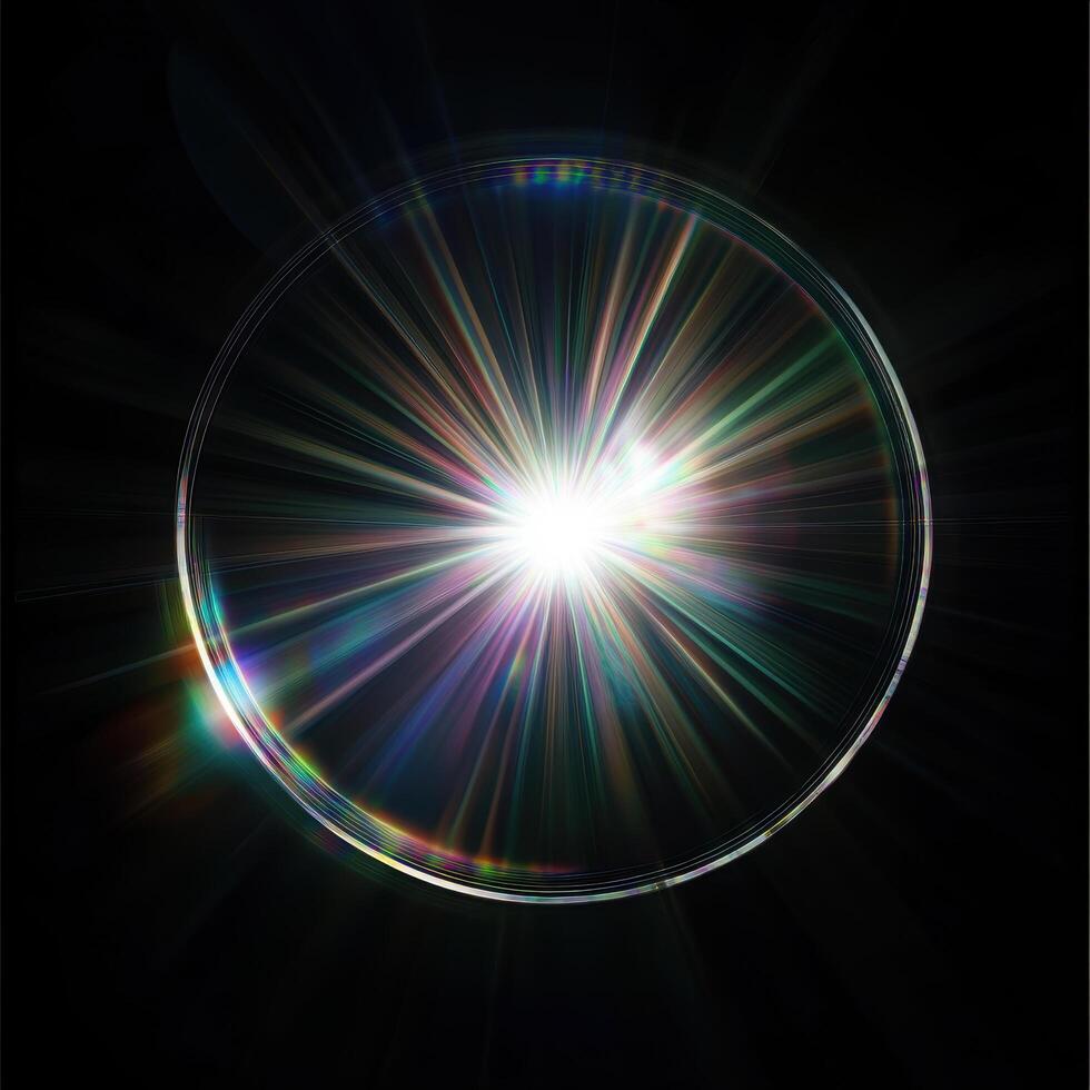striking lens flare radiates vibrant colors and light, creating captivating visual effect against dark background. This graphic art style evokes sense of wonder and beauty photo