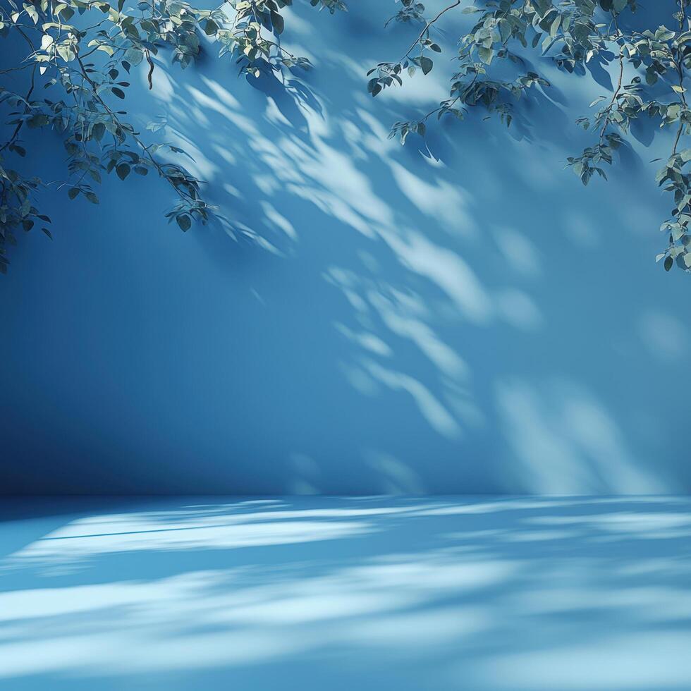 serene pastel blue studio background with soft shadows cast by leafy branches creates tranquil atmosphere, perfect for various creative projects photo
