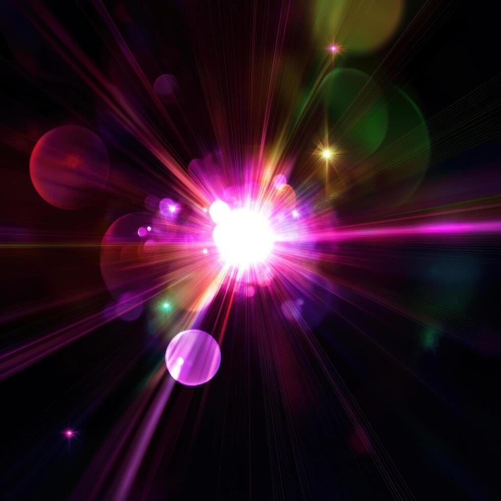 vibrant lens flare radiates colorful light in dark background, creating striking visual effect that captivates viewers attention. interplay of colors and brightness evokes sense of wonder and energy photo