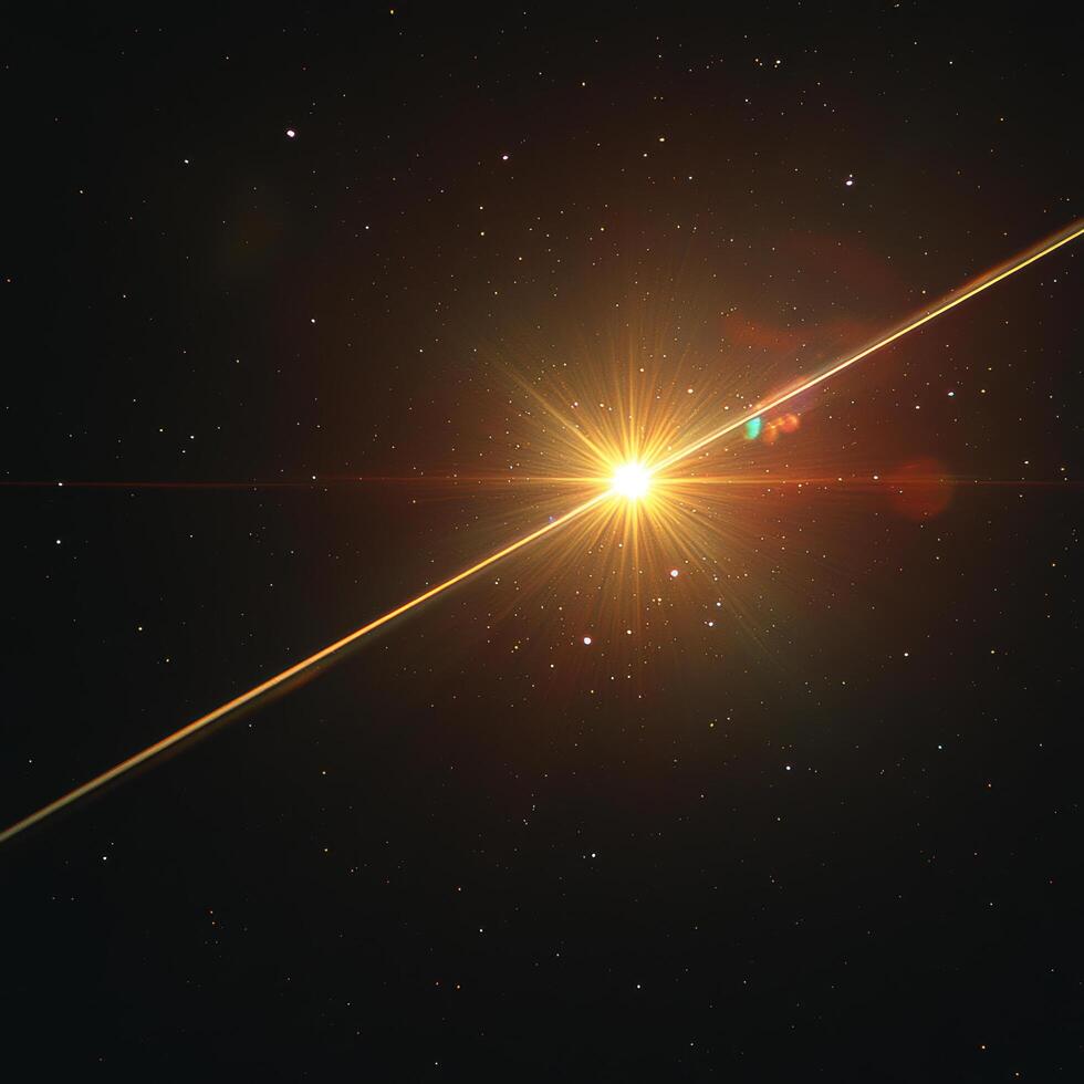 stunning cosmic scene featuring bright star emitting radiant light across dark starry background, creating mesmerizing lens flare effect. beauty of universe is captured in this celestial image photo