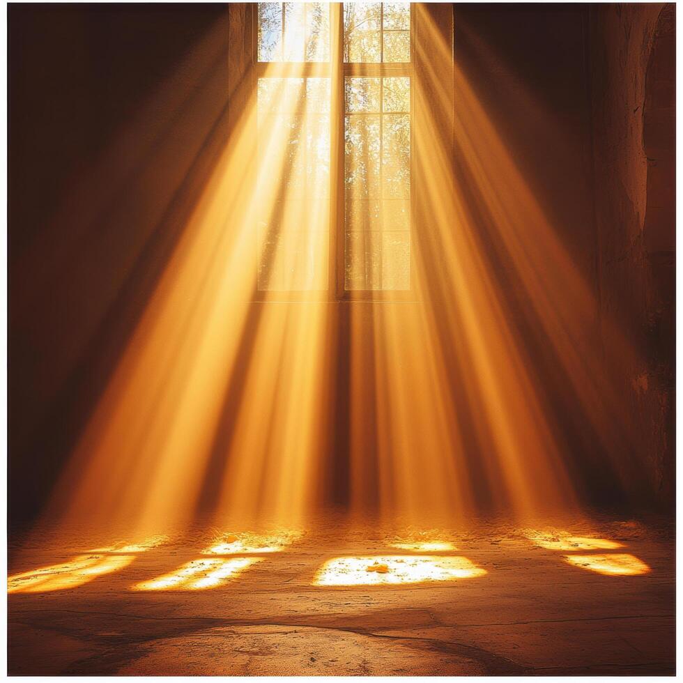 Golden sunlight streams through window, casting dramatic rays across dimly lit room. warm light creates serene and inviting atmosphere, highlighting beauty of natural illumination photo