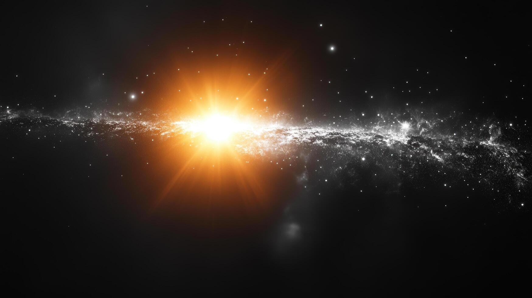 stunning cosmic scene featuring bright starburst illuminating galaxy filled with stars and cosmic dust. vibrant light contrasts beautifully against dark backdrop of space, evoking sense of wonder and photo
