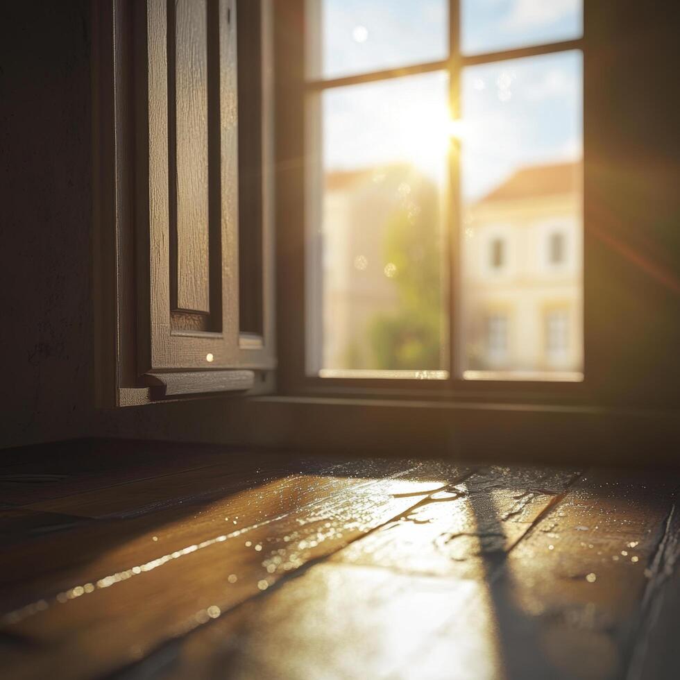 warm sunlight shines into room through open window, illuminating wooden floor and creating serene atmosphere. soft glow enhances cozy feel of space photo