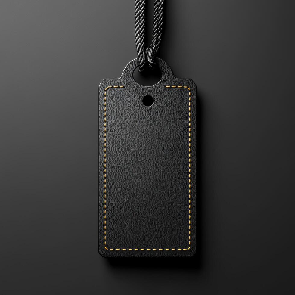 Black price tag with textured surface and yellow stitching, suspended by rope on dark background, perfect for showcasing products or sales photo