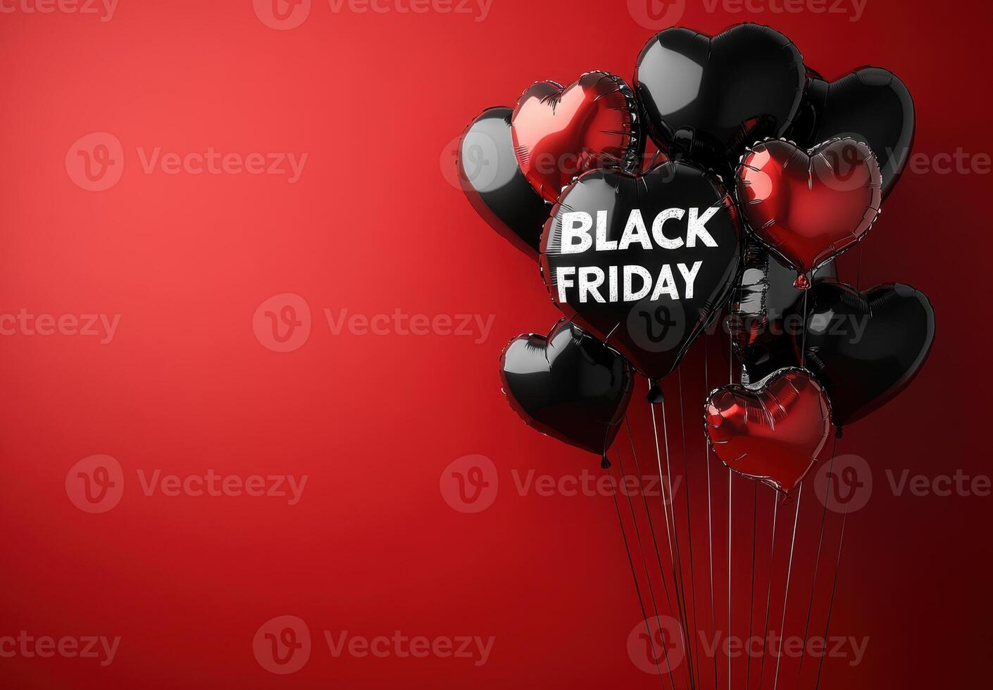 Black and red heart shaped balloons with BLACK FRIDAY text on vibrant red background create festive atmosphere. Perfect for holiday promotions and sales events photo