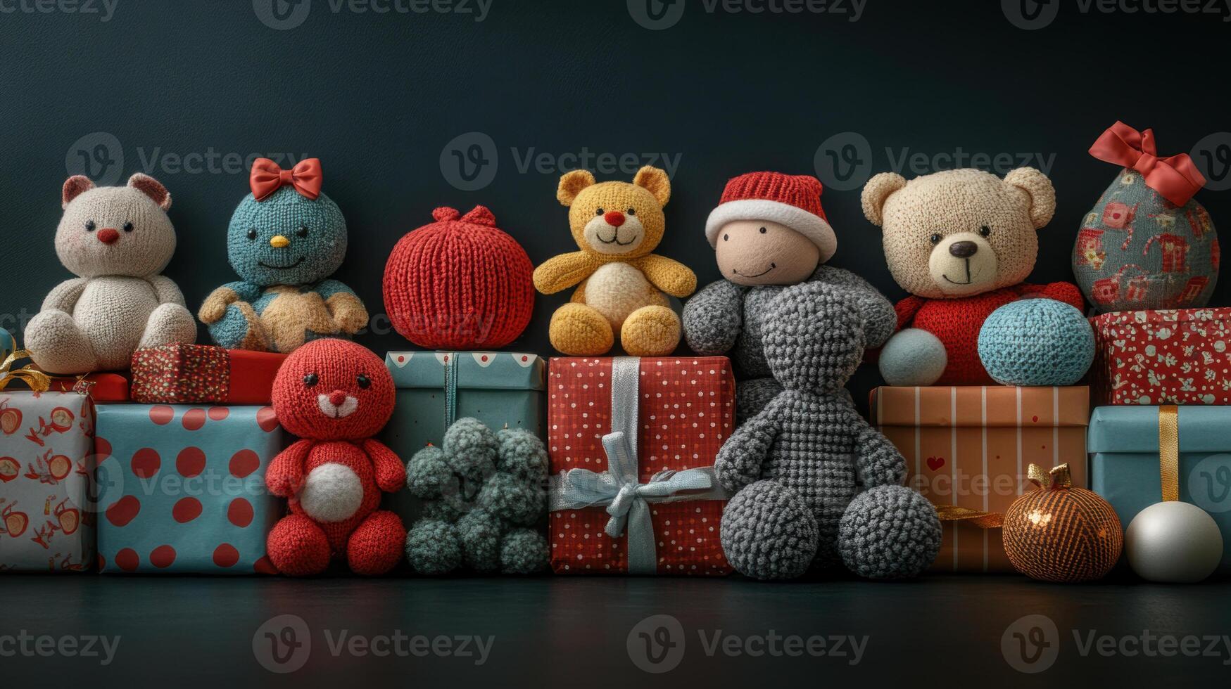 Cozy collection of colorful toys and presents, featuring plush animals and festive decorations, perfect for holiday celebrations and gift giving moments photo