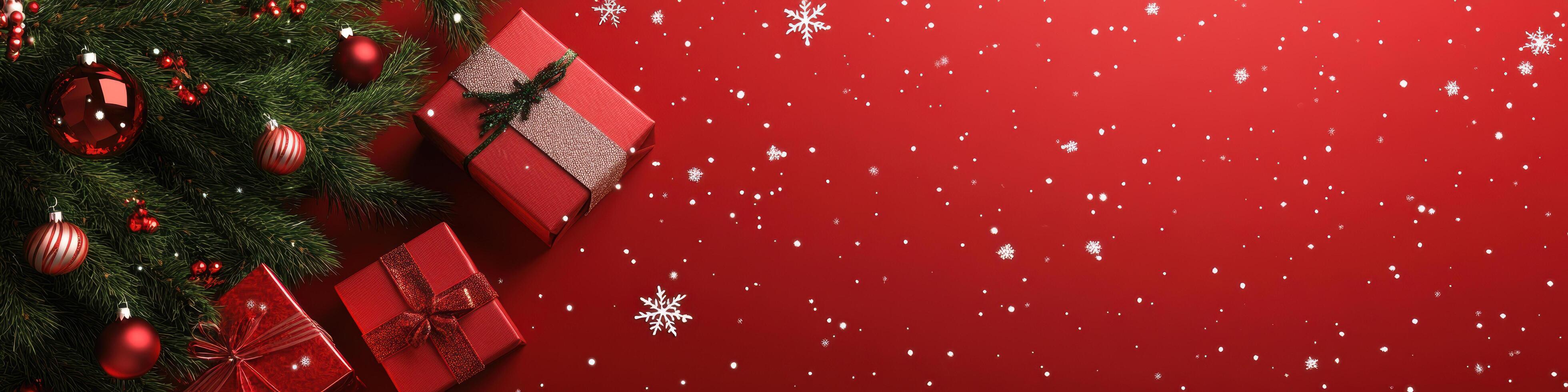 Festive Christmas background featuring red gifts, ornaments, and snowflakes on vibrant red backdrop. Perfect for holiday themed designs and celebrations photo