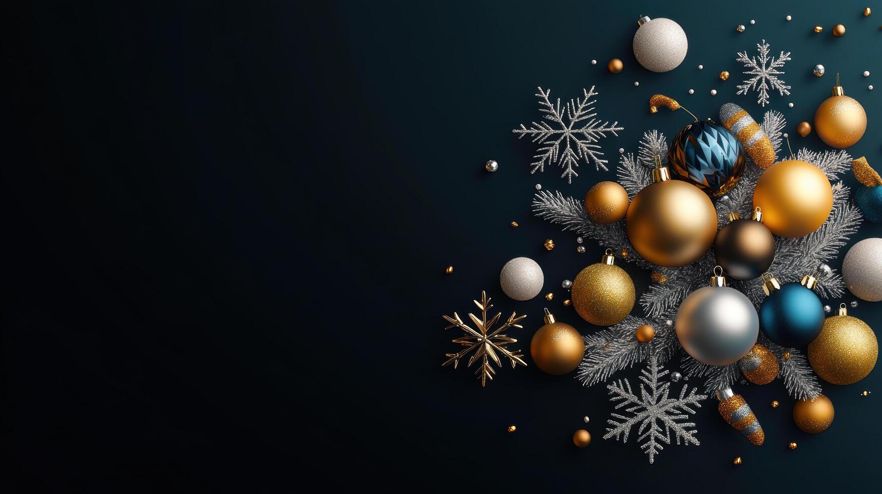 Elegant Christmas decorations featuring gold, silver, and blue ornaments, along with snowflakes and festive elements, create joyful holiday atmosphere photo