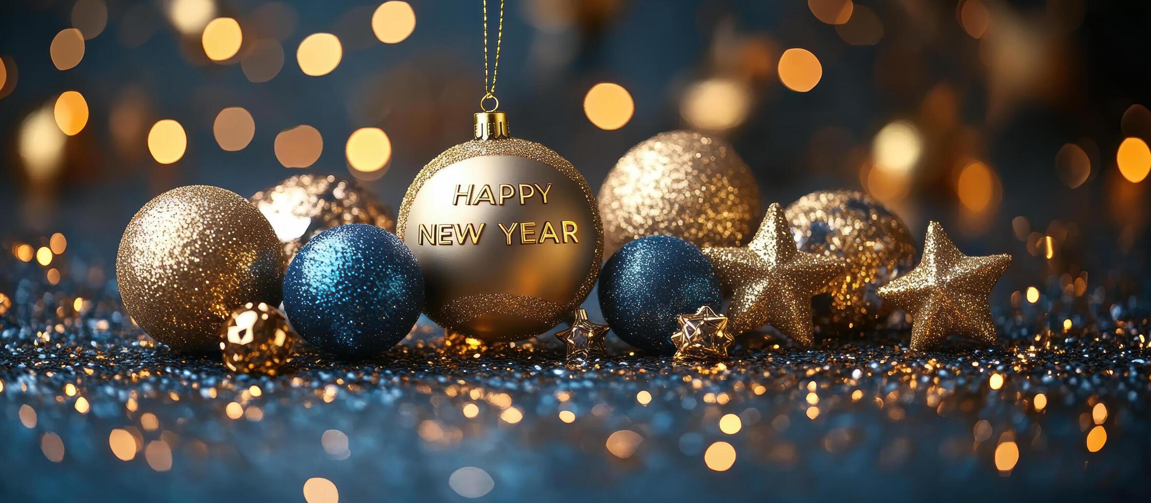 festive arrangement of golden and blue Christmas ornaments, including Happy New Year ball, surrounded by sparkling stars and glittering decorations, creating joyful holiday atmosphere photo