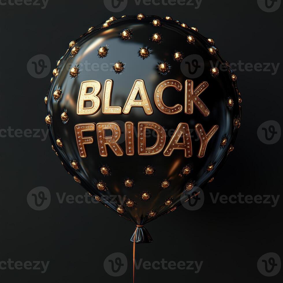 festive black balloon features words BLACK FRIDAY in golden letters, surrounded by sparkling lights, creating exciting atmosphere for shopping events photo