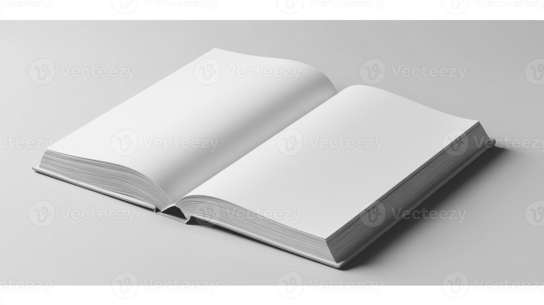 blank open book on gray background, showcasing its empty pages and realistic texture, perfect for creative designs and mockups photo