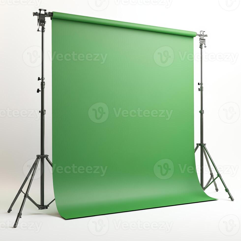 neatly folded green screen with portable stand, ideal for photography and production. This setup provides versatile backdrop for various creative projects photo