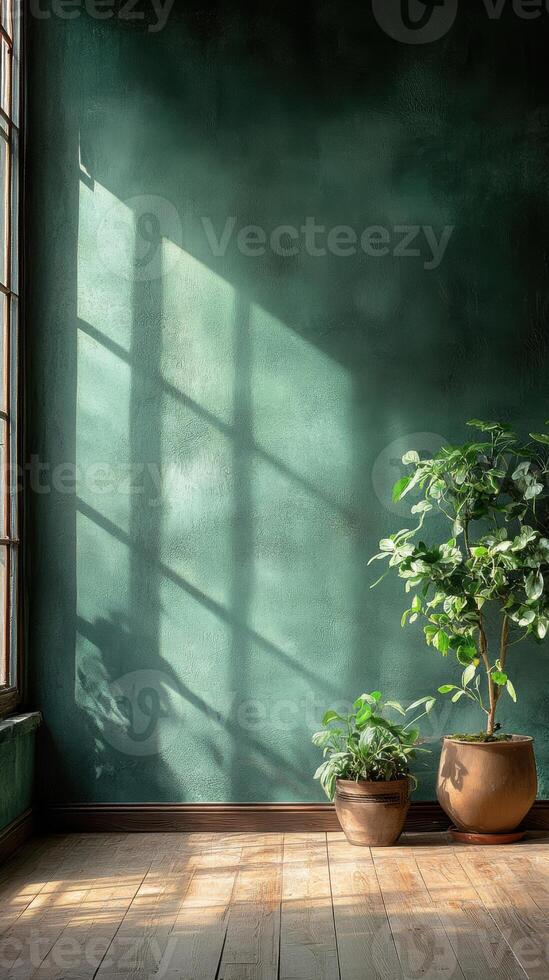 serene interior scene featuring pastel green wall, sunlight casting shadows, and two potted plants. warm wooden floor adds cozy touch to atmosphere photo