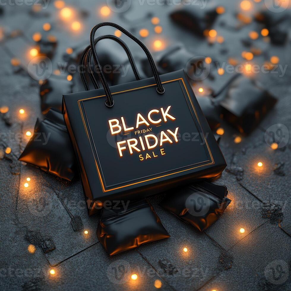stylish black shopping bag with Black Friday Sale text, surrounded by decorative pillows and glowing lights, creating festive shopping atmosphere photo