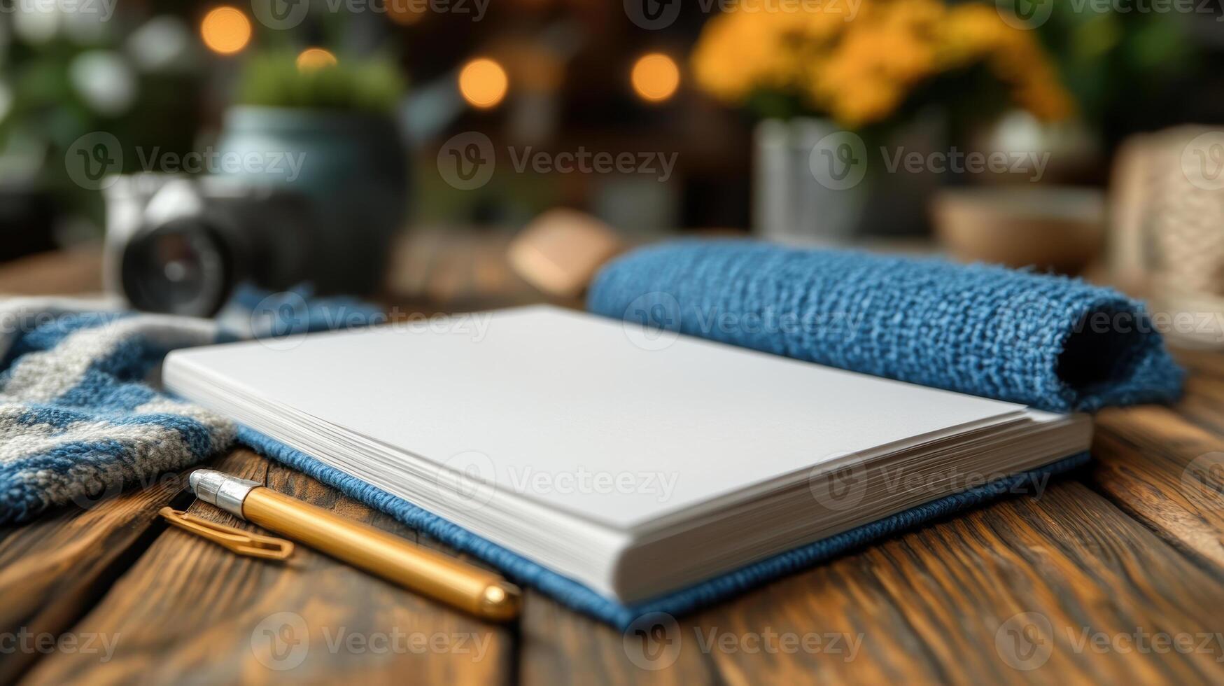 blank notebook on wooden table, accompanied by pen and cozy atmosphere. scene features soft lighting, camera, and decorative elements, creating warm and inviting workspace photo