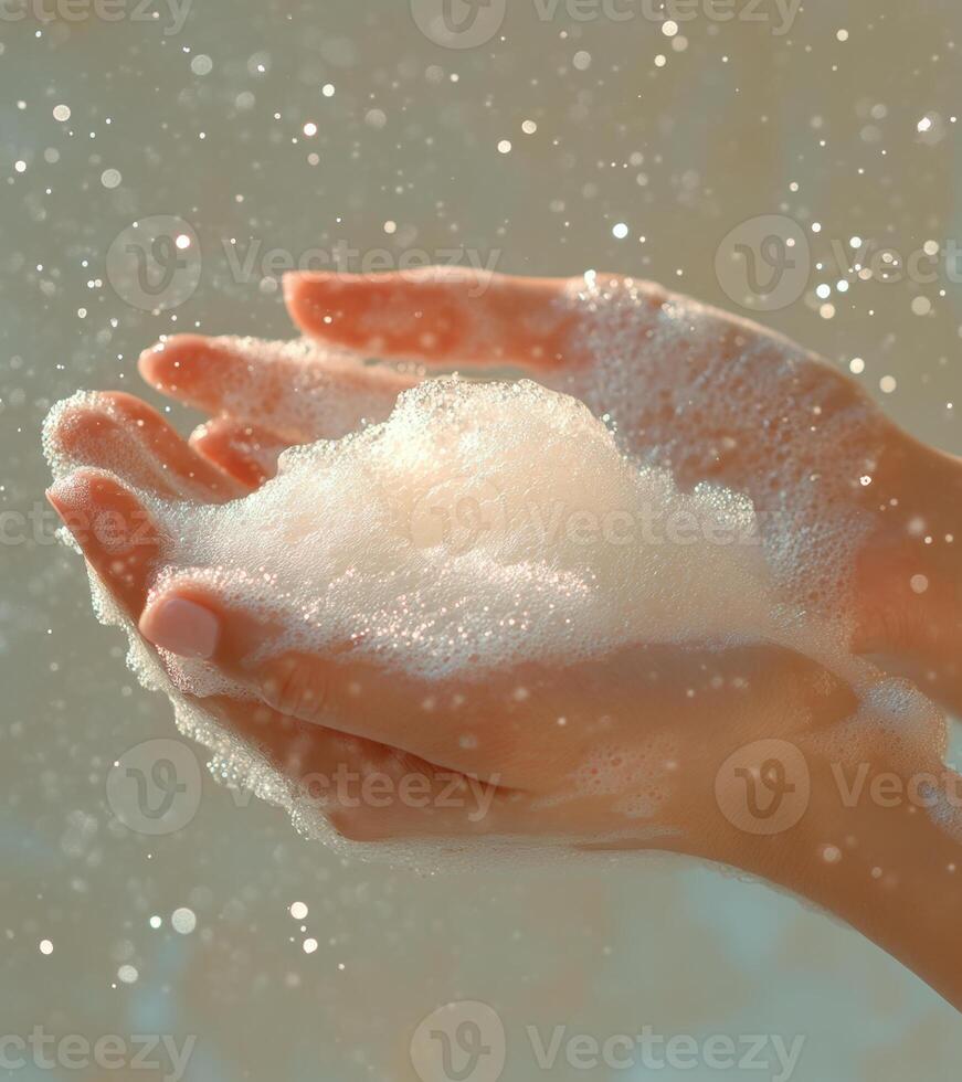 close up of hands holding fluffy shampoo foam, surrounded by sparkling bubbles, creating refreshing and clean atmosphere photo