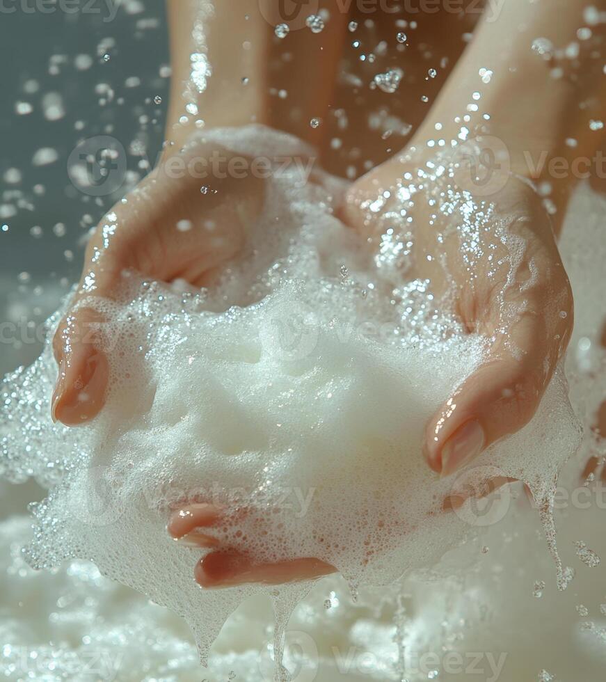 close up of hands holding fluffy shampoo foam, surrounded by bubbles, creating refreshing and clean atmosphere. image evokes sense of relaxation and indulgence photo