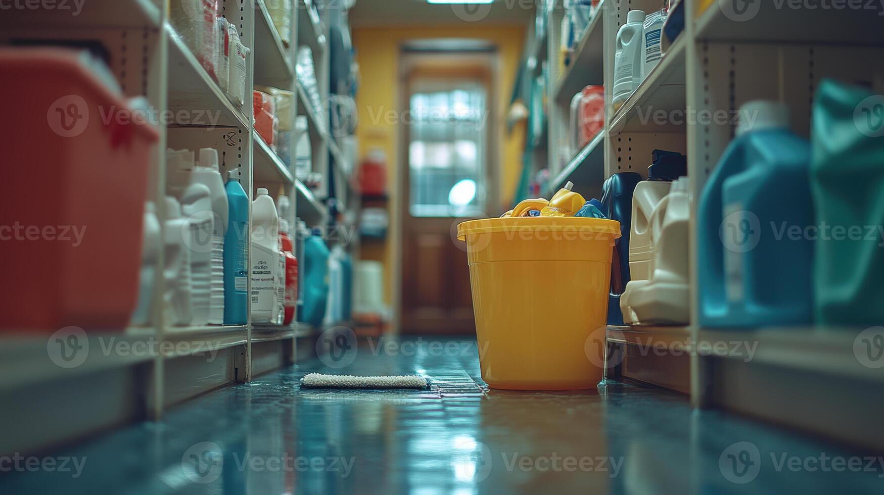 cleaning closet filled with various cleaning supplies, featuring yellow bucket and mop. organized shelves display range of colorful bottles, creating tidy and efficient space for cleaning tasks photo