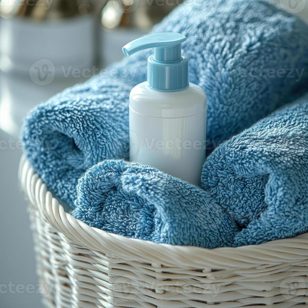 Soft blue towels neatly arranged in white basket with pump bottle, creating serene and inviting bathroom atmosphere photo