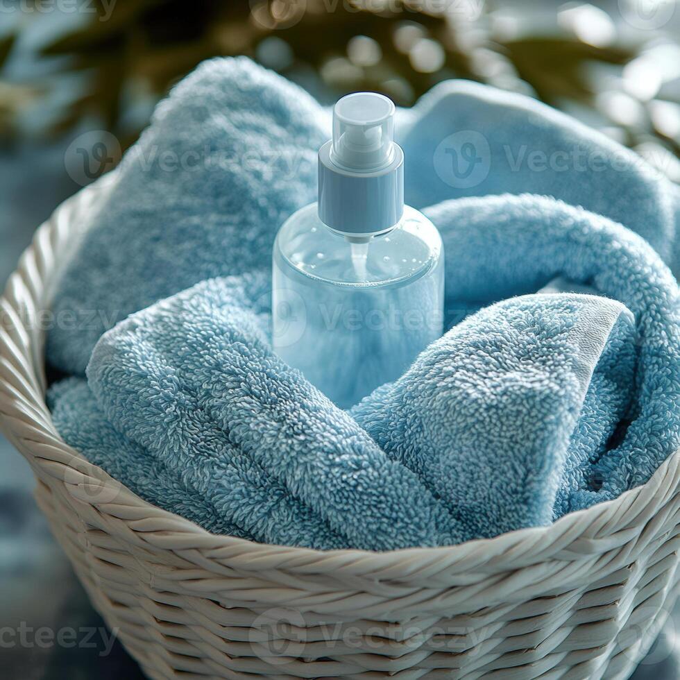close up view of white basket filled with soft blue towels and clear spray bottle, creating serene and refreshing atmosphere photo