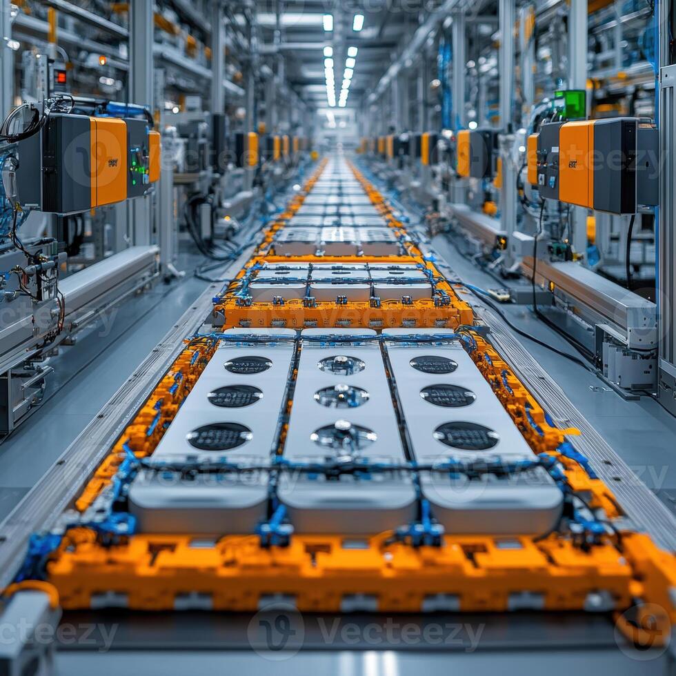 High quality photo of factory assembly line with robotic machinery, showcasing advanced technology and automation in production