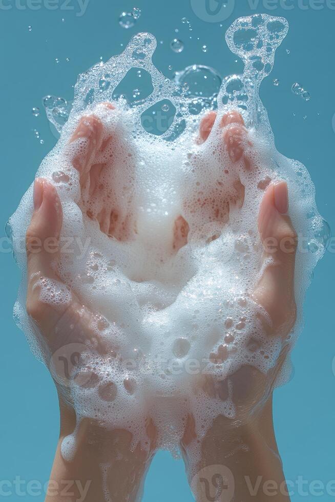 Washing hands with soap and bubbles creates refreshing and clean feeling. image captures essence of hygiene and care, emphasizing importance of cleanliness photo