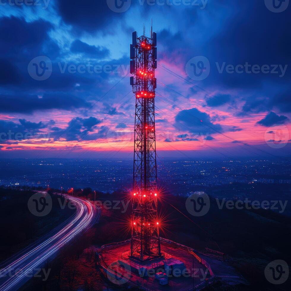 Telecommunication tower at dusk with glowing lights against vibrant sky. scene captures beauty of technology and nature, showcasing stunning sunset photo