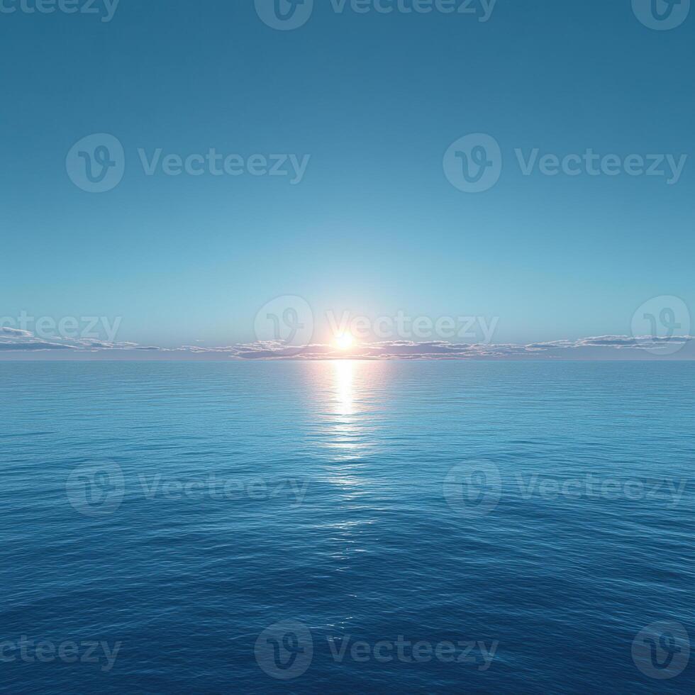 serene ocean view at sunrise, featuring calm waters and clear blue sky. sun rises gently over horizon, creating peaceful atmosphere photo