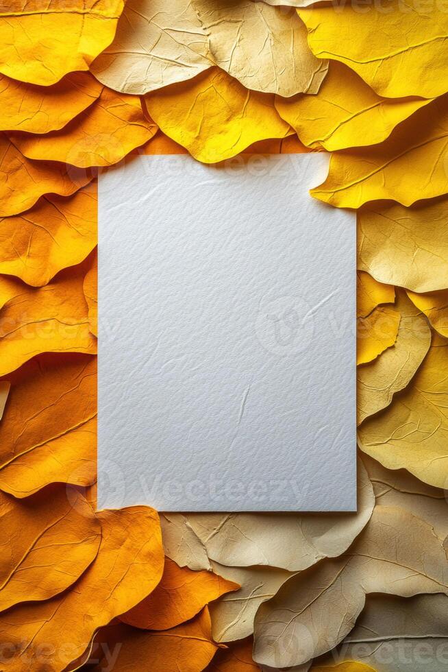 blank white page surrounded by vibrant yellow and beige leaves creates warm, inviting atmosphere perfect for autumn themed designs photo