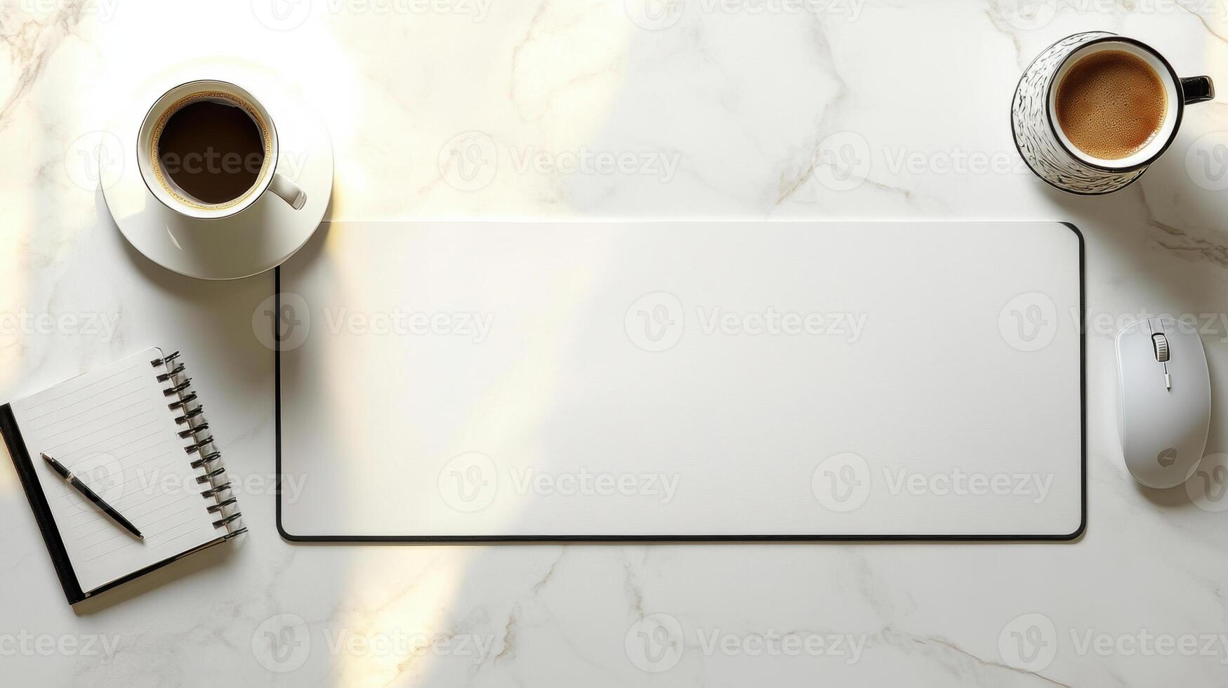 clean, minimalistic workspace featuring two coffee cups, notebook, and mouse on marble surface, creating serene and productive atmosphere photo