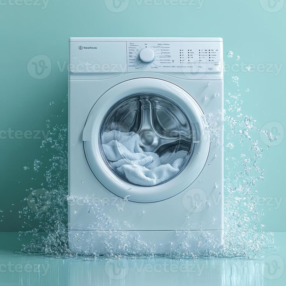 modern washing machine with water splashing and linen inside, set against mint green background, creates refreshing and clean atmosphere photo