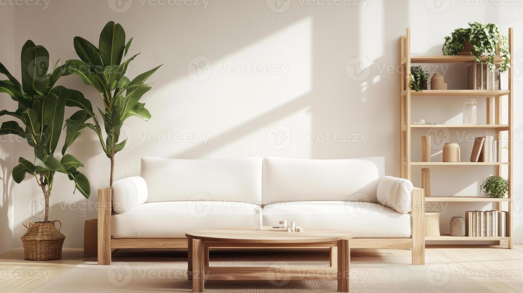 bright and modern living room featuring white sofa, wooden furniture, and indoor plants, creating cozy atmosphere. Natural light enhances space photo