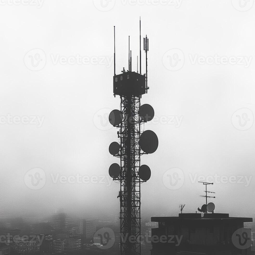 tall broadcast tower stands against foggy sky, surrounded by antennas and satellite dishes, symbolizing communication technology photo