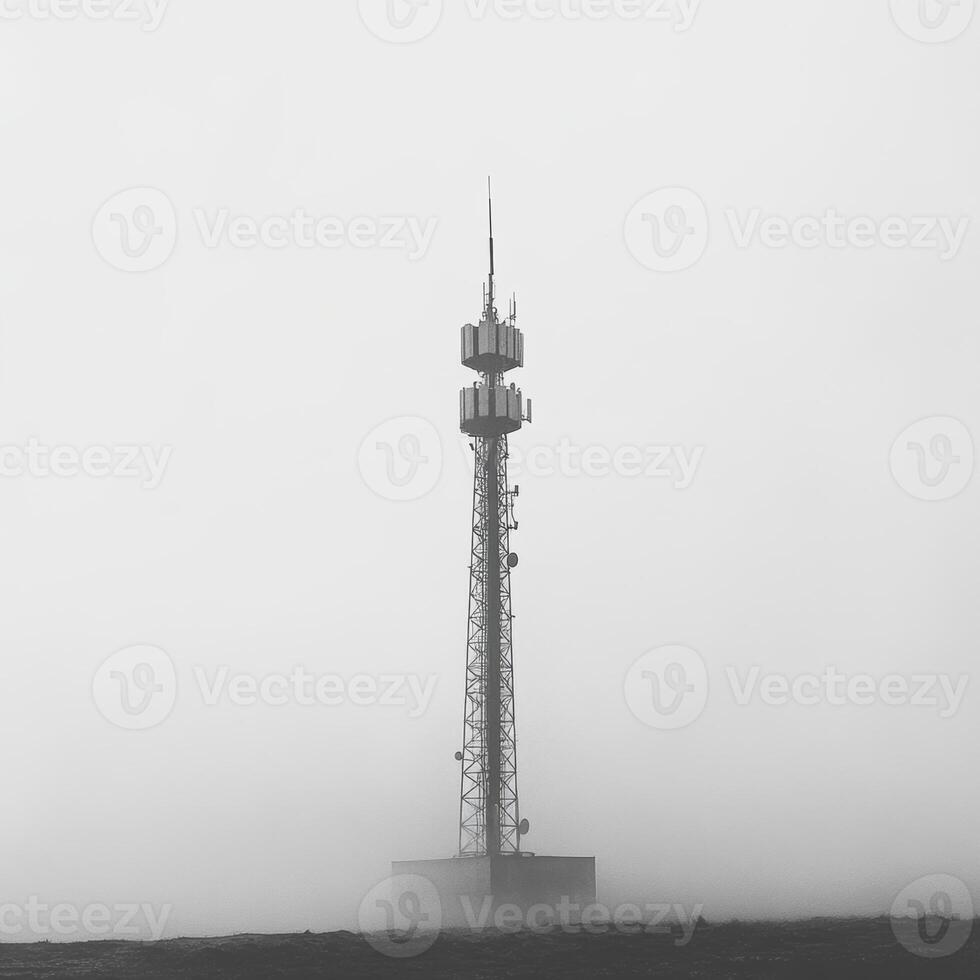 tall broadcast tower stands alone in foggy landscape, symbolizing communication and connectivity. stark contrast of structure against mist creates dramatic scene photo