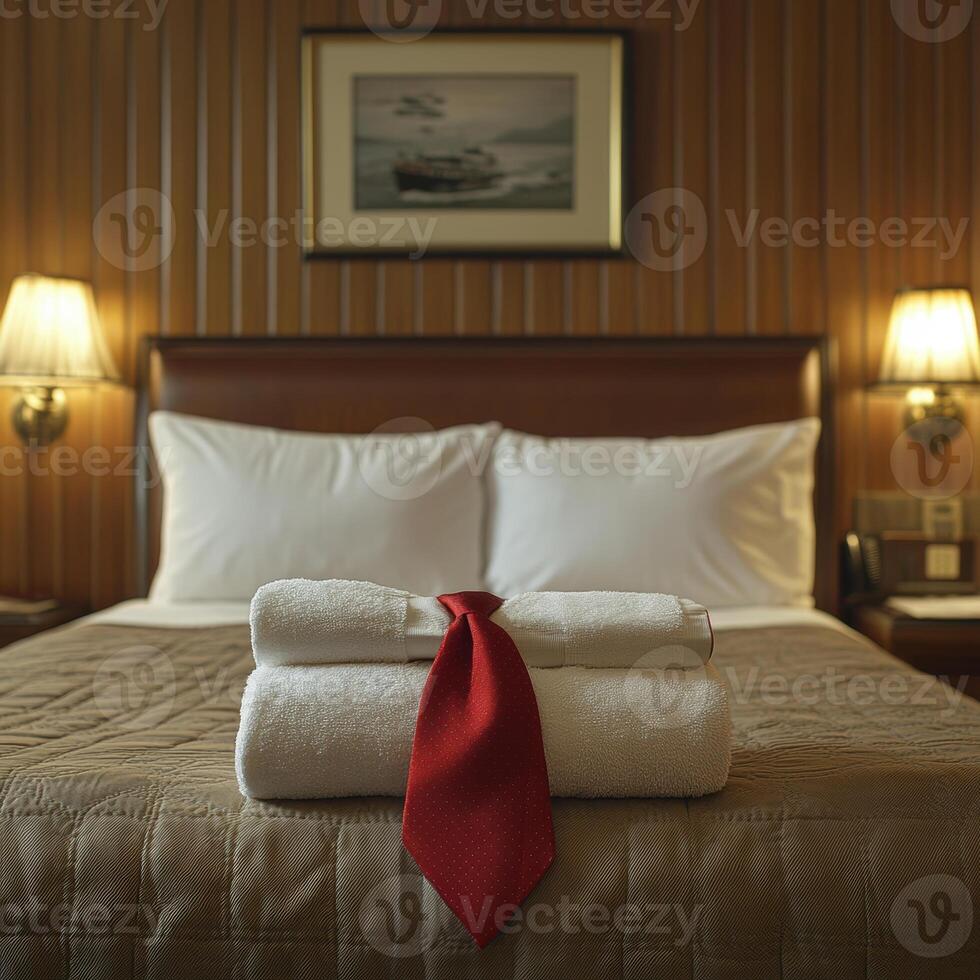 Luxurious hotel room featuring neatly made bed with white linens, two folded towels adorned with red tie, and warm lighting creating cozy atmosphere photo